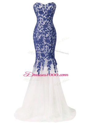 Blue And White Lace Up Sweetheart Lace and Appliques Evening Party Dresses Tulle Sleeveless Brush Train