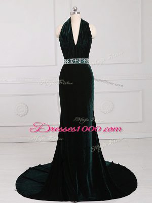 Halter Top Sleeveless Elastic Woven Satin Prom Evening Gown Beading Brush Train Zipper