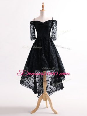 Pretty Tulle Straps Half Sleeves Lace Up Lace Prom Dress in Black