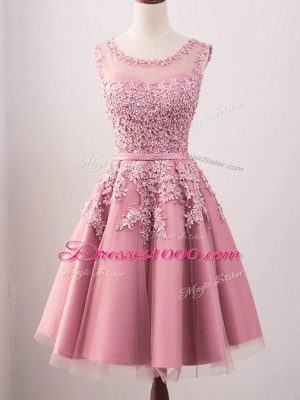 Best Selling Pink A-line Tulle Scoop Sleeveless Lace Knee Length Lace Up Vestidos de Damas