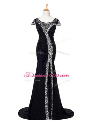 Shining Black Elastic Woven Satin Zipper Scoop Cap Sleeves Prom Evening Gown Brush Train Beading and Ruching