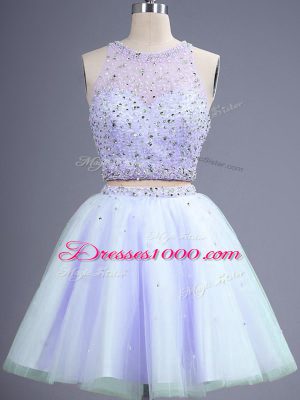 New Style Lavender Sleeveless Knee Length Beading Lace Up Dama Dress for Quinceanera