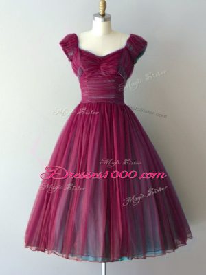 Burgundy Chiffon Lace Up V-neck Cap Sleeves Knee Length Dama Dress for Quinceanera Ruching