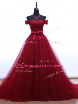 Lace Up Evening Dress Burgundy for Prom and Party with Ruching and Belt Brush Train