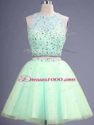 Perfect Apple Green Tulle Lace Up Scoop Sleeveless Knee Length Damas Dress Beading