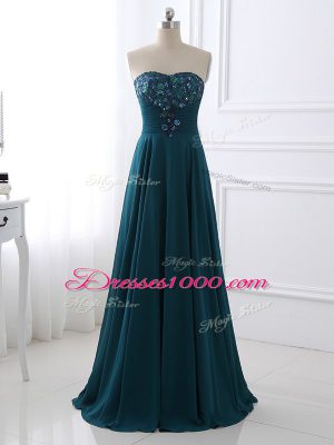 Discount Teal Chiffon Zipper Sweetheart Sleeveless Floor Length Mother of the Bride Dress Sequins and Ruching