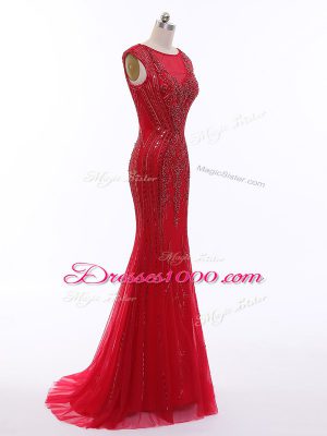 Romantic Brush Train Mermaid Juniors Evening Dress Red Scoop Tulle Sleeveless Zipper