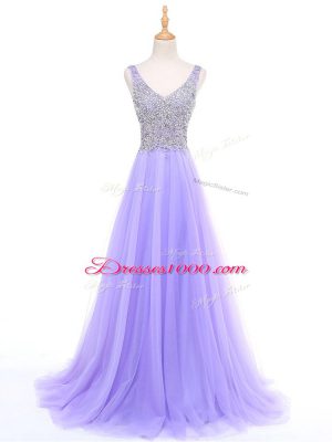 Lavender Tulle Zipper V-neck Sleeveless Floor Length Evening Outfits Beading