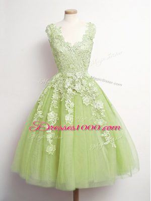 Yellow Green Tulle Lace Up Vestidos de Damas Sleeveless Knee Length Appliques
