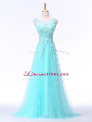 Discount Aqua Blue A-line Chiffon Scoop Sleeveless Lace and Appliques Backless Juniors Evening Dress Brush Train