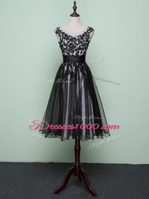 Black Tulle Zipper Homecoming Dress Sleeveless Knee Length Lace and Appliques