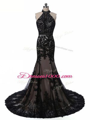 High Quality Black Mother of the Bride Dress Tulle and Lace Brush Train Sleeveless Lace and Appliques