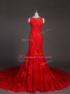 Fashion Scoop Sleeveless Lace Dress for Prom Beading and Lace and Appliques Court Train Backless