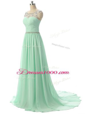 Superior Apple Green Sleeveless Brush Train Beading and Ruching Evening Dress