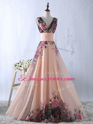 Sleeveless Floor Length Ruching Lace Up Prom Gown with Peach
