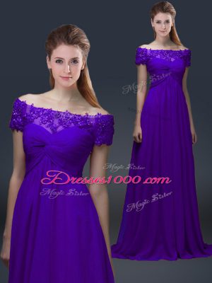 Popular Purple Off The Shoulder Neckline Appliques Mother of the Bride Dress Short Sleeves Lace Up