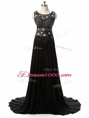 Black Side Zipper Evening Party Dresses Beading and Lace and Appliques Sleeveless Brush Train