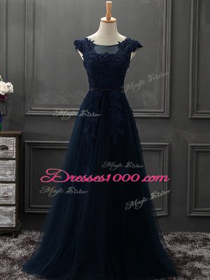 Dynamic Mini Length Navy Blue Mother of the Bride Dress Tulle Sleeveless Beading and Lace and Appliques