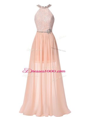 Colorful Peach Formal Evening Gowns Prom and Military Ball and Beach with Beading Halter Top Sleeveless Backless