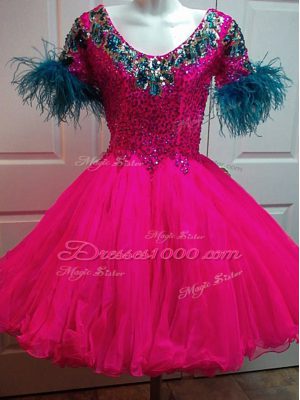 Wonderful Short Sleeves Mini Length Beading and Sequins Zipper Party Dress for Girls with Fuchsia