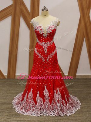 Red Column/Sheath V-neck Cap Sleeves Tulle Brush Train Zipper Beading and Lace and Appliques Evening Party Dresses