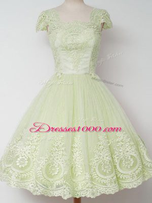 Yellow Green Tulle Zipper Square Cap Sleeves Knee Length Vestidos de Damas Lace