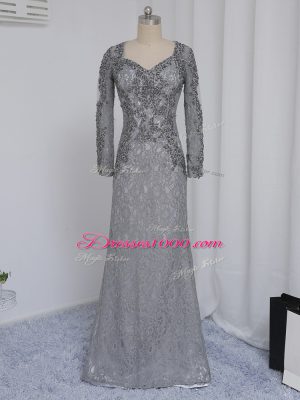Grey Zipper Sweetheart Beading and Lace Mother of Groom Dress Lace Long Sleeves