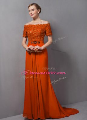 Short Sleeves Sweep Train Zipper Lace Mother of Bride Dresses