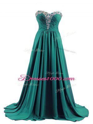 Popular Turquoise Sweetheart Lace Up Beading Evening Dress Brush Train Sleeveless