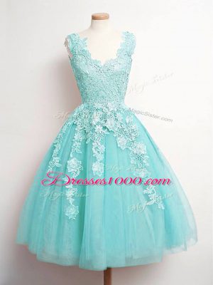 Fashionable Aqua Blue Lace Up Court Dresses for Sweet 16 Lace Sleeveless Knee Length