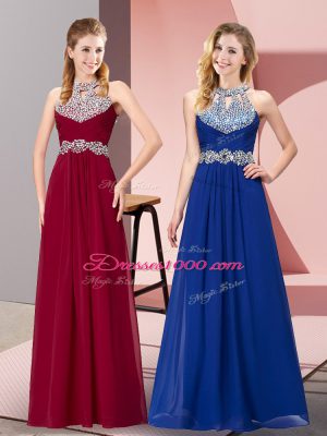 Sleeveless Chiffon Floor Length Backless in Wine Red with Beading