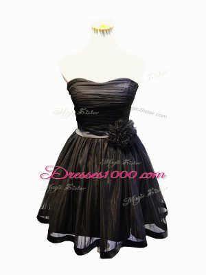 Chic Sleeveless Mini Length Ruching and Bowknot and Hand Made Flower Lace Up Prom Evening Gown with Black