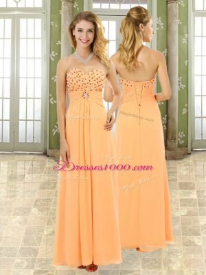 Affordable Orange Empire Chiffon Sweetheart Sleeveless Beading and Ruffles Floor Length Lace Up Prom Party Dress