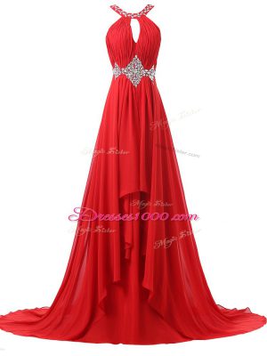 Unique Sleeveless Brush Train Lace Up Beading and Ruching Evening Dresses