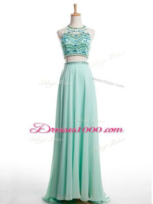 Spectacular Apple Green Sleeveless Brush Train Beading Prom Gown