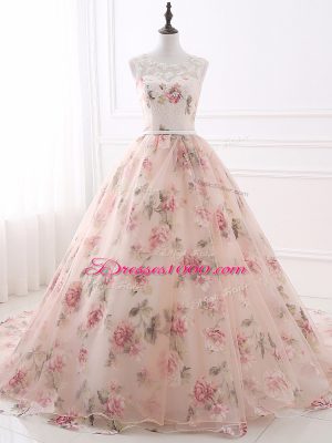 Pink Sleeveless Brush Train Lace and Appliques and Belt Prom Evening Gown