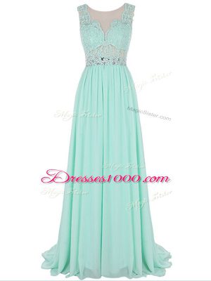 Glorious Sleeveless Chiffon Brush Train Backless Prom Party Dress in Apple Green with Beading and Lace and Appliques