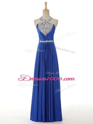 Unique Royal Blue Evening Dress Prom and Military Ball with Beading and Ruching Halter Top Sleeveless Zipper