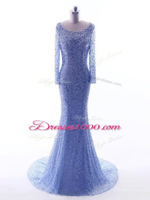 Dynamic Blue Evening Gowns Tulle Brush Train Long Sleeves Sequins