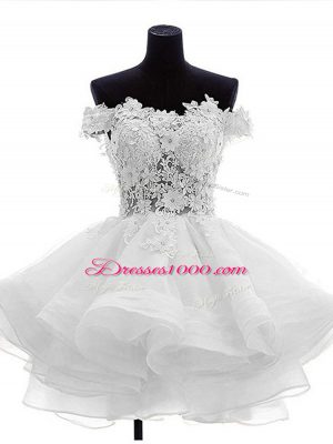 Fabulous Off The Shoulder Sleeveless Party Dress for Girls Mini Length Beading and Lace and Ruffles White Organza