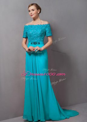 Adorable Aqua Blue Off The Shoulder Zipper Lace Mother Dresses Sweep Train Short Sleeves