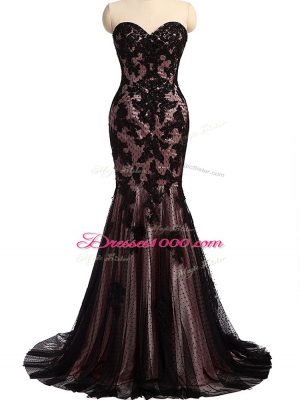 Elegant Black Evening Dress Prom and Military Ball and Sweet 16 with Lace and Appliques Sweetheart Sleeveless Brush Train Lace Up