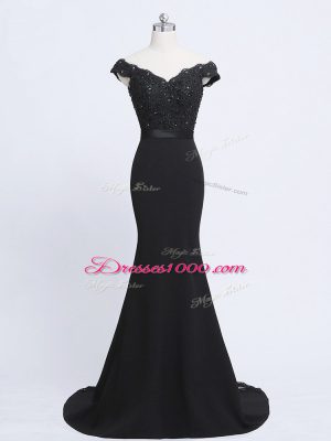Artistic Black Zipper Formal Dresses Lace and Appliques and Belt Sleeveless Brush Train