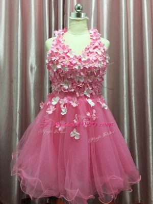 Artistic Halter Top Sleeveless Tulle Homecoming Dress Hand Made Flower Backless