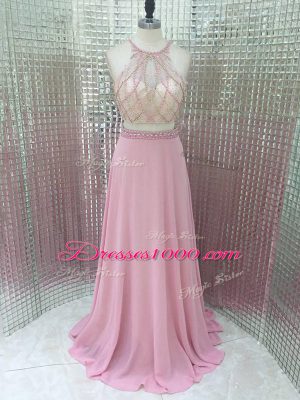 Superior Chiffon Sleeveless Brush Train Zipper Beading Evening Gowns in Pink