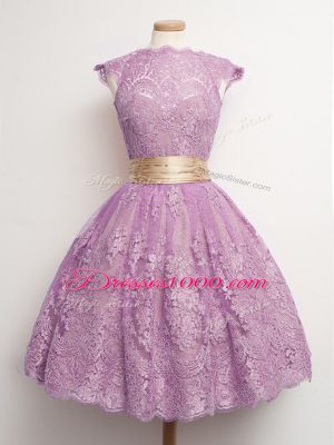 Sophisticated Lilac Ball Gowns High-neck Cap Sleeves Lace Knee Length Lace Up Belt Dama Dress