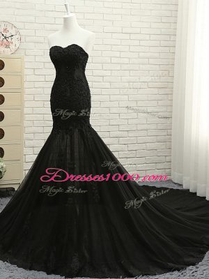 Fabulous Tulle Sweetheart Sleeveless Court Train Lace Up Lace and Appliques Dress for Prom in Black