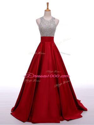 Enchanting Wine Red A-line Elastic Woven Satin Scoop Sleeveless Beading Backless