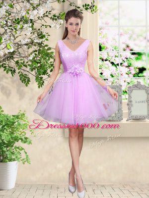 A-line Vestidos de Damas Lilac V-neck Tulle Sleeveless Knee Length Lace Up