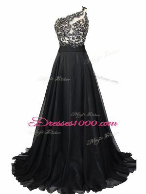 Black Chiffon Side Zipper Evening Gowns Sleeveless Brush Train Beading and Lace